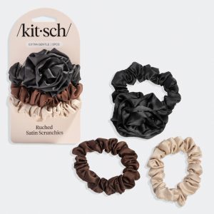 Black Rosette Ruched Satin Scrunchies